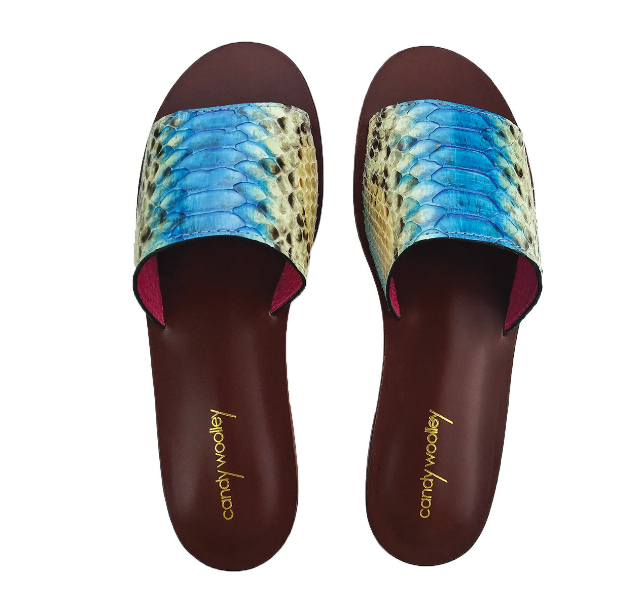 Genuine Python Cyan & Dusty Blush Flat Slide Sandals. Size Available 9. [NEW: NON-SLIP & SOLE PROTECTOR]