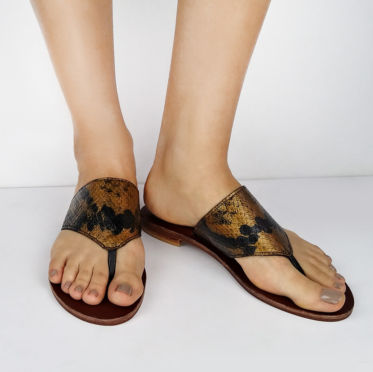 ONLY SIZE 9 AVAILABLE. Genuine Python, Gold & Black Flat Thong Sandals