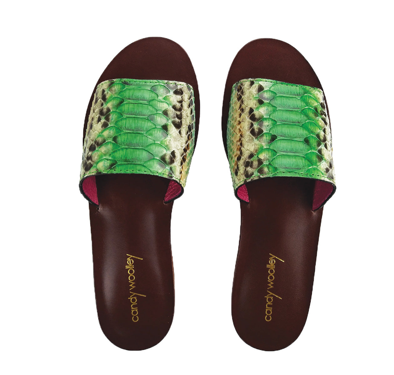 Genuine Python, Green & Cream Flat Slide Sandals. Size Available 7. [NEW: NON-SLIP & SOLE PROTECTOR]