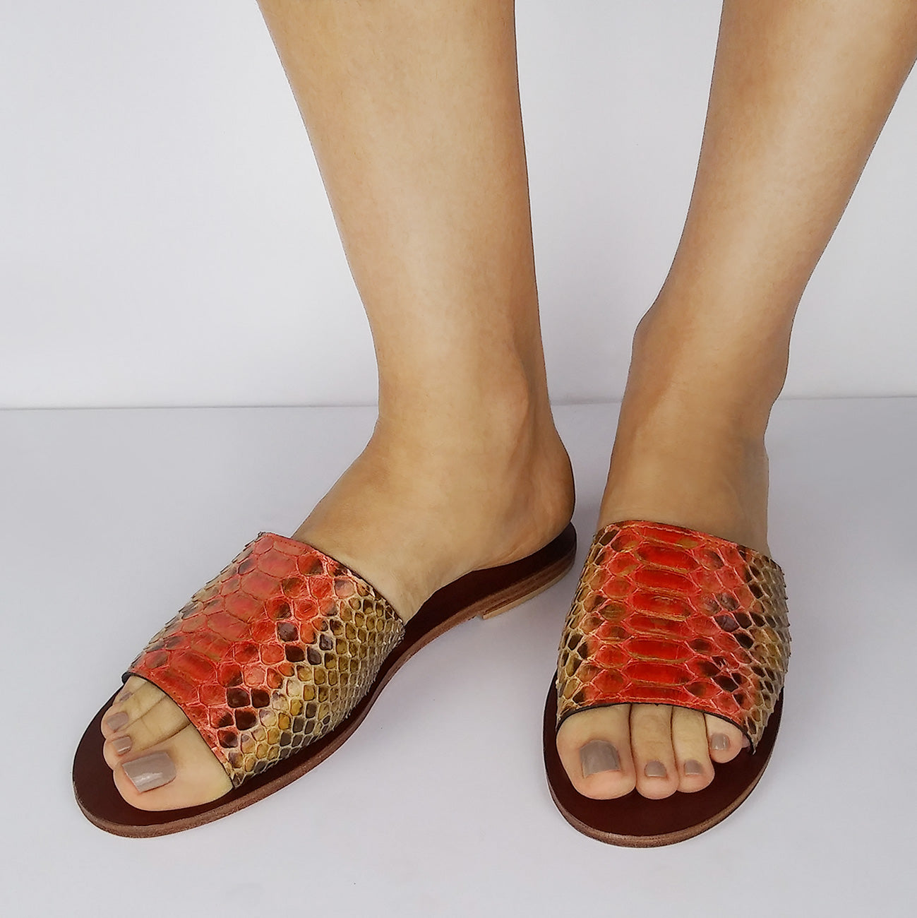 Genuine Python Orange and Gold Flat Slide Sandals. Size Available 8. [NEW: NON-SLIP & SOLE PROTECTOR]