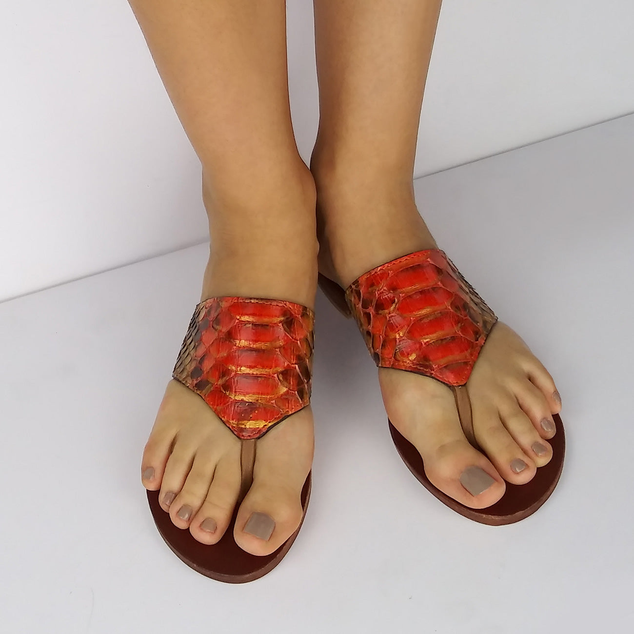 ONLY SIZE 7 AVAILABLE. Genuine Python Orange and Gold Flat Thong Sandals