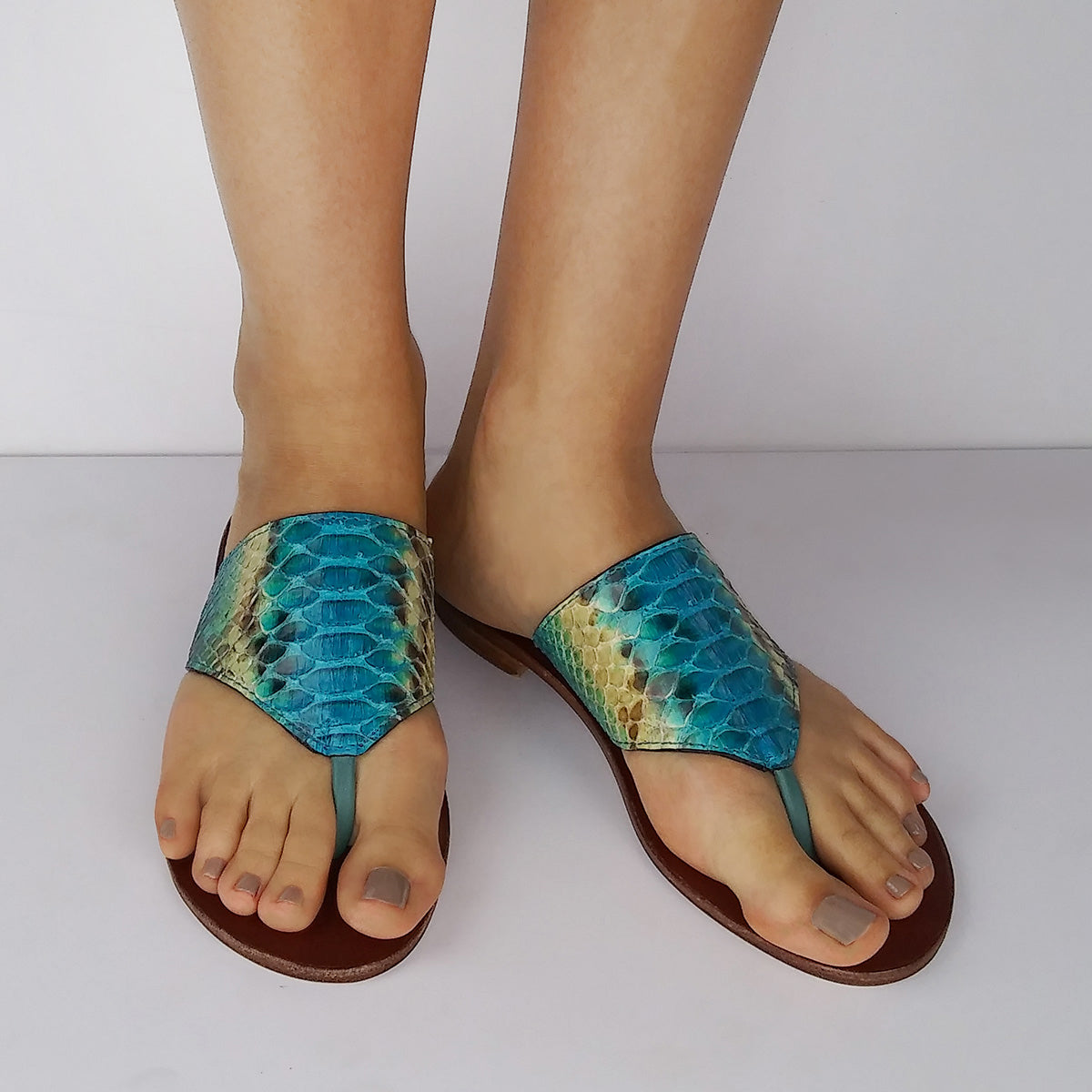 Genuine Python Turquoise & Cream Flat Thong Sandals. Size Available 8. [NEW: NON-SLIP & SOLE PROTECTOR]