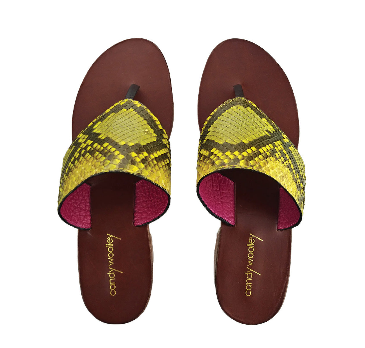 Genuine Python Yellow & Taupe Flat Thong Sandals. Size Available 9. [NEW: NON-SLIP & SOLE PROTECTOR]